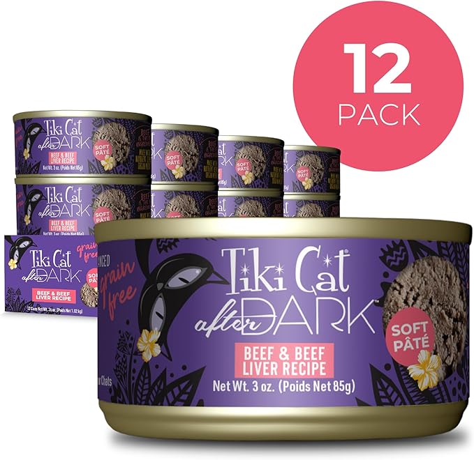 Tiki Cat After Dark Soft Pate, Beef & Beef Liver, High-Protein and 100% Non-GMO Ingredients, Wet Cat Food for Adult Cats, 3 oz. Can (12 Count)