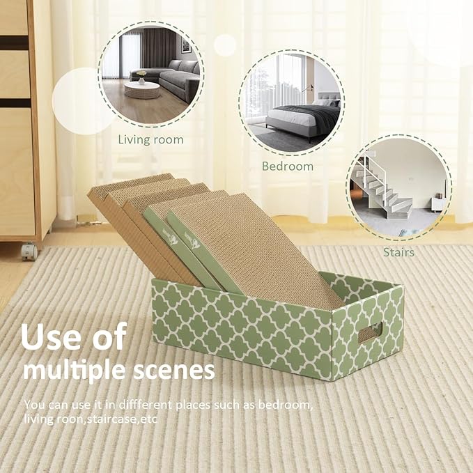 MECOOL Cat Scratching Board,5PC Cat Scratch Pad with Box,Reversible Corrugated Cat Scratcher Cardboard and Lounge Bed for Indoor Cats, Catnip