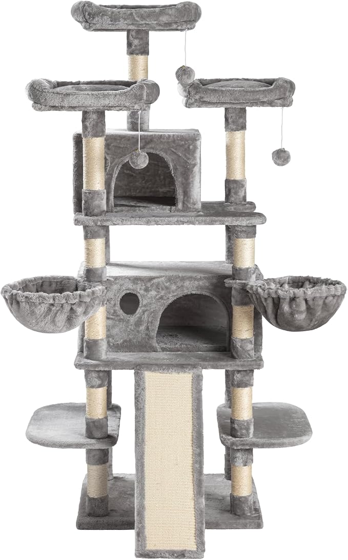 SHA CERLIN 68 Inches Multi-Level Large Cat Tree for Large Kitties/Big Cat Tower with Condo/Cozy Plush Pussycat Perches/Sisal Scratching Posts and Hammocks/Activity Center/Grey