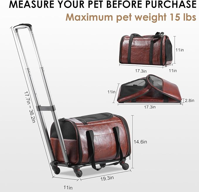 Leather Pet Carrier with Wheels, Airline Approved Travel Bag for Small Dogs & Cats Under 15 lbs, Rolling Pet Carrier for Airplane, Camping & Outdoor Coffee