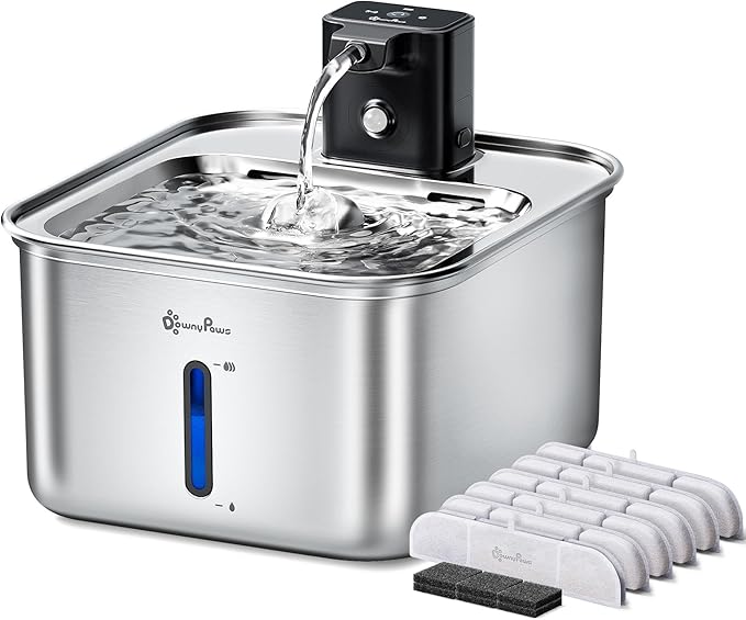 DownyPaws Cat Water Fountain Stainless Steel Wireless, 101 oz/3L FurSink Cordless Cat Water Dispenser for Pets, Battery Operated Dog Drinking Fountain with Motion Sensor, Black with 6 Filters