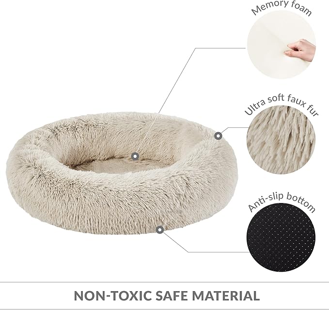 Friends Forever Serena Donut Memory Foam Orthopedic Dog Bed, Soft Faux Fur Oval Cat Couch For Indoor Pet, Fluffy Calming Plush Shag, Round Bolster Cushion, Machine Washable Cuddler, Tan, 36"x27"x7.5"