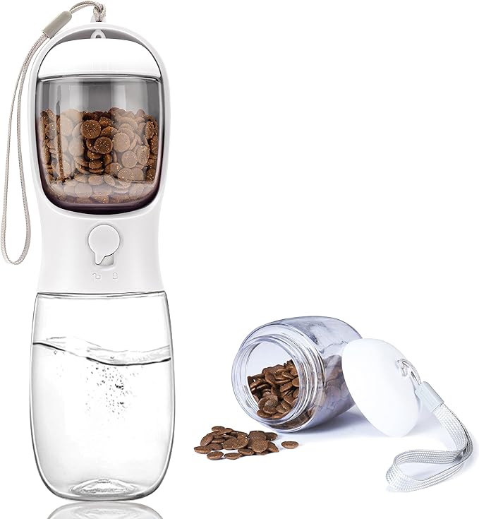 Portable Dog Water Bottle with Food Container,15oz Leak-Proof Pet Water Dispenser for Dogs, Cats, Puppies,Built-in Activated Carbon Filter for Travel,Hiking, Walking,and Outdoor Activities