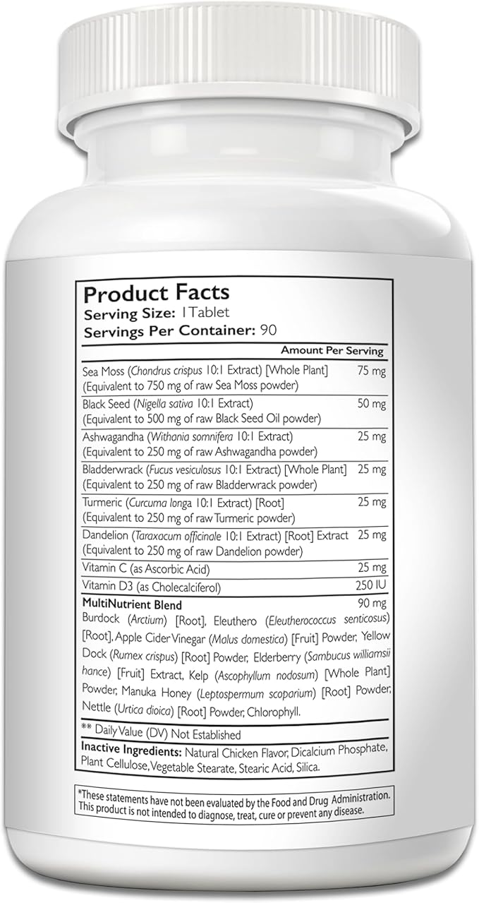 Sea Moss for Dogs 750mg Black Seed Oil 500mg Ashwagandha 250mg Turmeric 250mg Bladderwrack 250mg Dandelion 250mg & Vitamin C Vitamin D3 with Elderberry Manuka Yellow Dock 90 Tablets