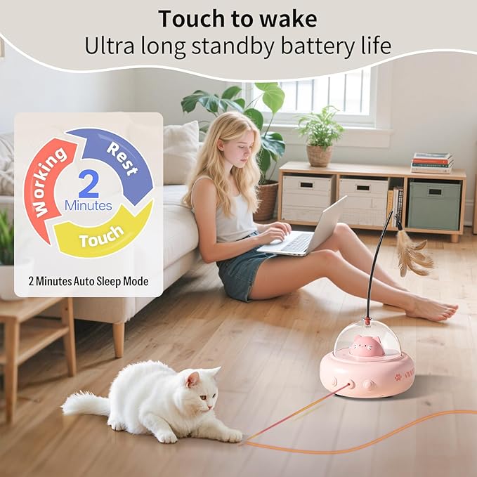 Laser Cat Toys for Indoor Cats, 2 in1 Interactive Cat Toys Laser and Feather Cat Wand Rechargeable Automatic Cat Laser Toy, for Bored Indoor Adult Cats/Kittens (Pink)