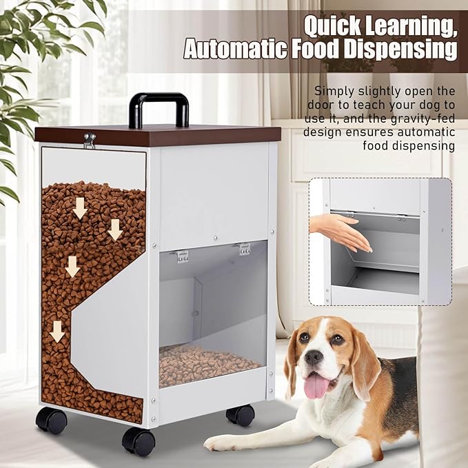 Outdoor Automatic Dog Feeder Large Breed 28 Lbs Capacity, Galvanized Metal Self Feeding Dog Food Dispenser with Clear Door, Gravity Pet Feeder Wall Mountable, Easy to Move with Wheels