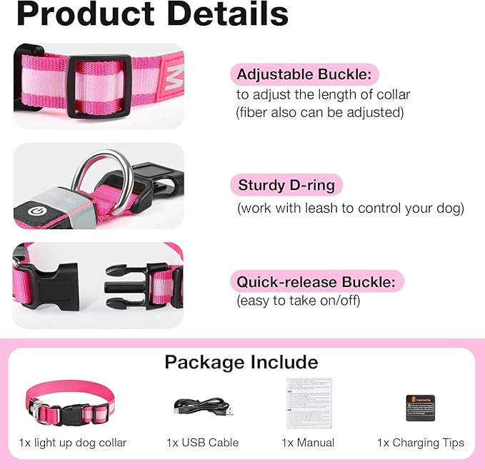 Pceotllar Light Up Collar - Rechargeable Led Dog Collar with Automatic 7-Color Changes, Water Resistant, Night Walking with High Visibility, Bright Glow (Pink, M)