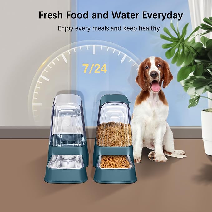 Automatic Dog and Cat Food Feeder and Water Dispenser Set with Stainless Steel Bowls,Gravity Pet Food and Water Feeders,100% BPA-Free,Large Capacity for Cats Dogs Pets