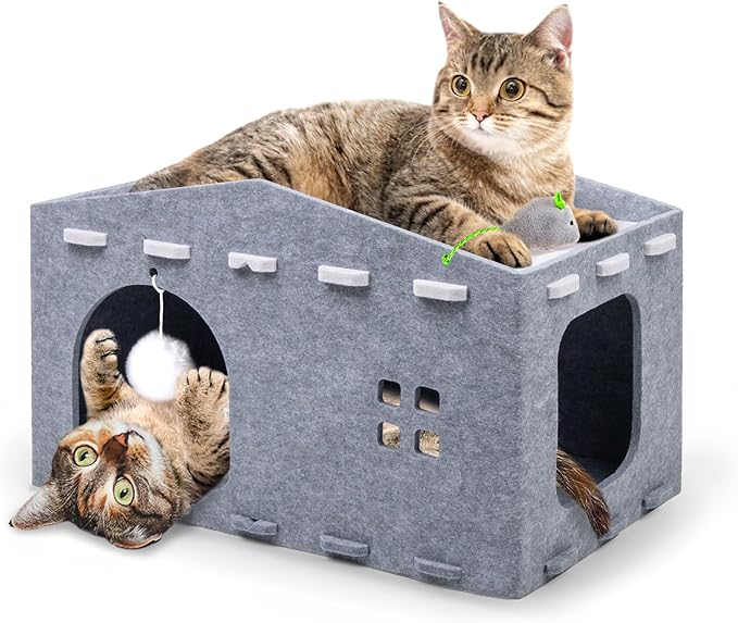 Cat House for Indoor Cats, Cat Beds Peekaboo Pet Cave with Fluffy Ball and Catnip Toy for Multiple Large Cats Up to 33 Lbs Foldable Cat Hideaway Scratch Resistant Felt Cat Cube for Kitten Kitty, Grey