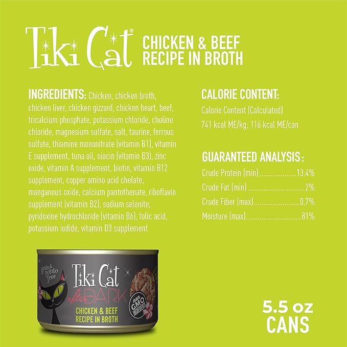 Tiki Cat After Dark, Chicken & Beef, High-Protein and 100% Non-GMO Ingredients, Wet Cat Food for Adult Cats, 5.5 oz. Can (8 Count)