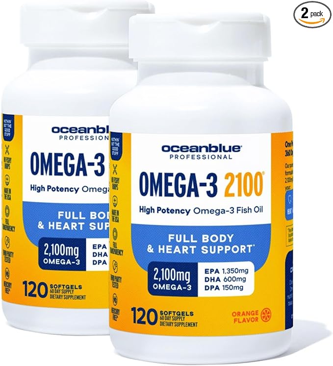 Oceanblue Professional Omega-3 2100 – 120 ct – 2 Pack – Triple Strength Burpless Fish Oil Supplement with High- Potency EPA, DHA, DPA – Wild-Caught – Orange Flavor (120 Servings)