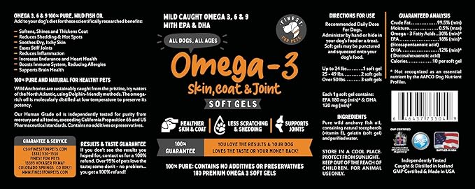 Omega 3 Fish Oil for Dogs - Finest For Pets Soft Gels for Skin & Coat, Itching, Shedding, Joints & Immune Health - 100% Pure Omega Fish Oil with EPA & DHA. Ideal for Medium to Large Dogs (180 ct)