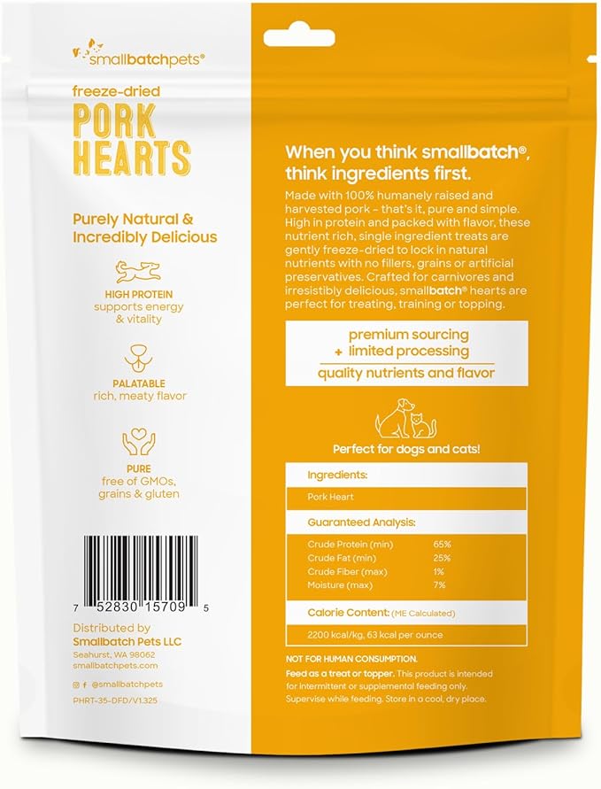 smallbatch Pets Premium Freeze-Dried Pork Heart Treats for Dogs and Cats, 3.5 oz, Made and Sourced in The USA, Single Ingredient, Humanely Raise Meat, No Preservatives or Anything Artificial