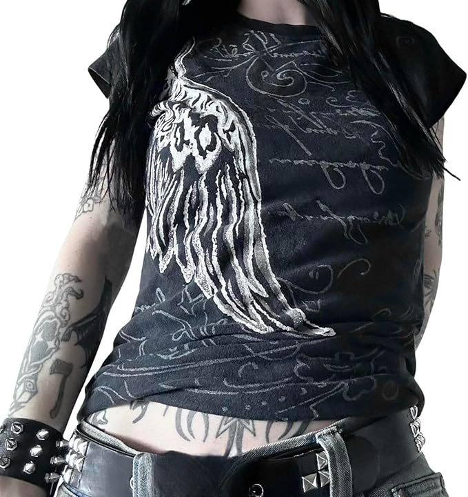 Women Y2K Graphic T-Shirts Summer Short Sleeve Punk Gothic Tee Tops Vintage 90s Aesthetic Emo Clothes Streetwear