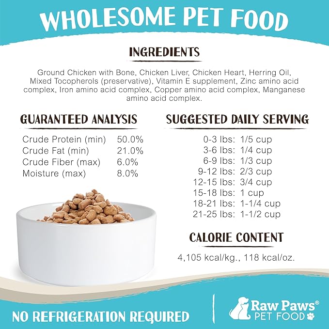 Raw Paws Freeze Dried Dog Food & Cat Food - Chicken Recipe, 16-oz - Made in USA - Freeze Dried Chicken, Raw Food for Dogs and Cats - Grain, Soy, Corn- Free