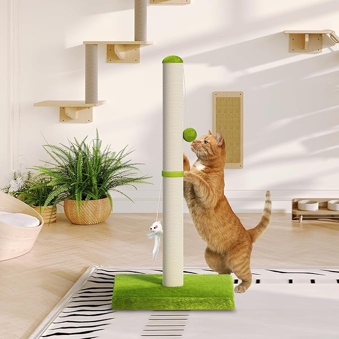 MeowHomm 32” Tall Cat Scratching Posts for Indoor Cats Adults with 2 Hanging Ball, Large Cat Scratch Post Cat Scratcher Includes Sisal Rope