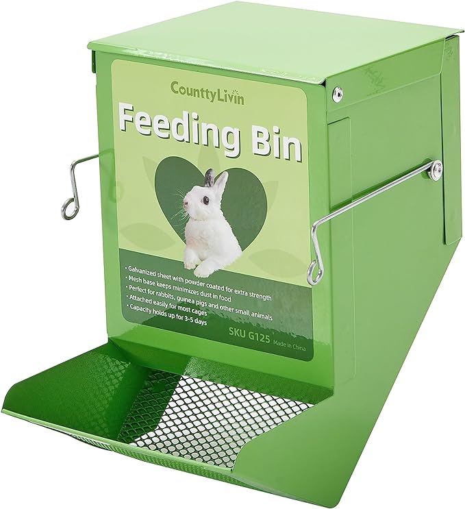 Metal Small Animal Feeder with Lid, Heavy Duty, Large Capacity Food Dispenser, Great for Rabbits, Guinea Pigs, Chinchillas and Other Small Animals. (4.6 inch, Green)