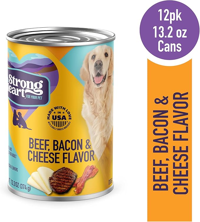 A Strong Heart Wet Dog Food, Beef, Bacon & Cheese Flavor - 13.2 oz Cans (Pack of 12), Made in The USA with Real Beef