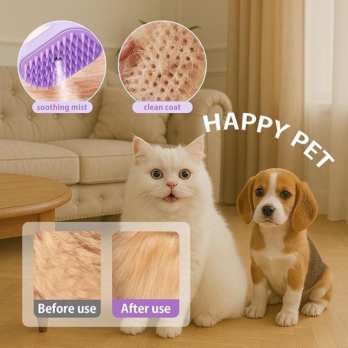 ZTJ Steam Brush for Dogs and Cats – 3-in-1 Pet Grooming Tool for Cleaning, Detangling, Massaging – Nano Steam, Hair Catcher, 360° Handle (Purple)