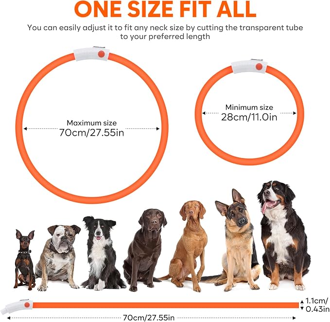 HIGO LED Dog Collar, Rechargeable Light Up Dog Collars, Lightweight Silicone Pet Safety Collar Lights for Night Walking (Orange-Silicone)