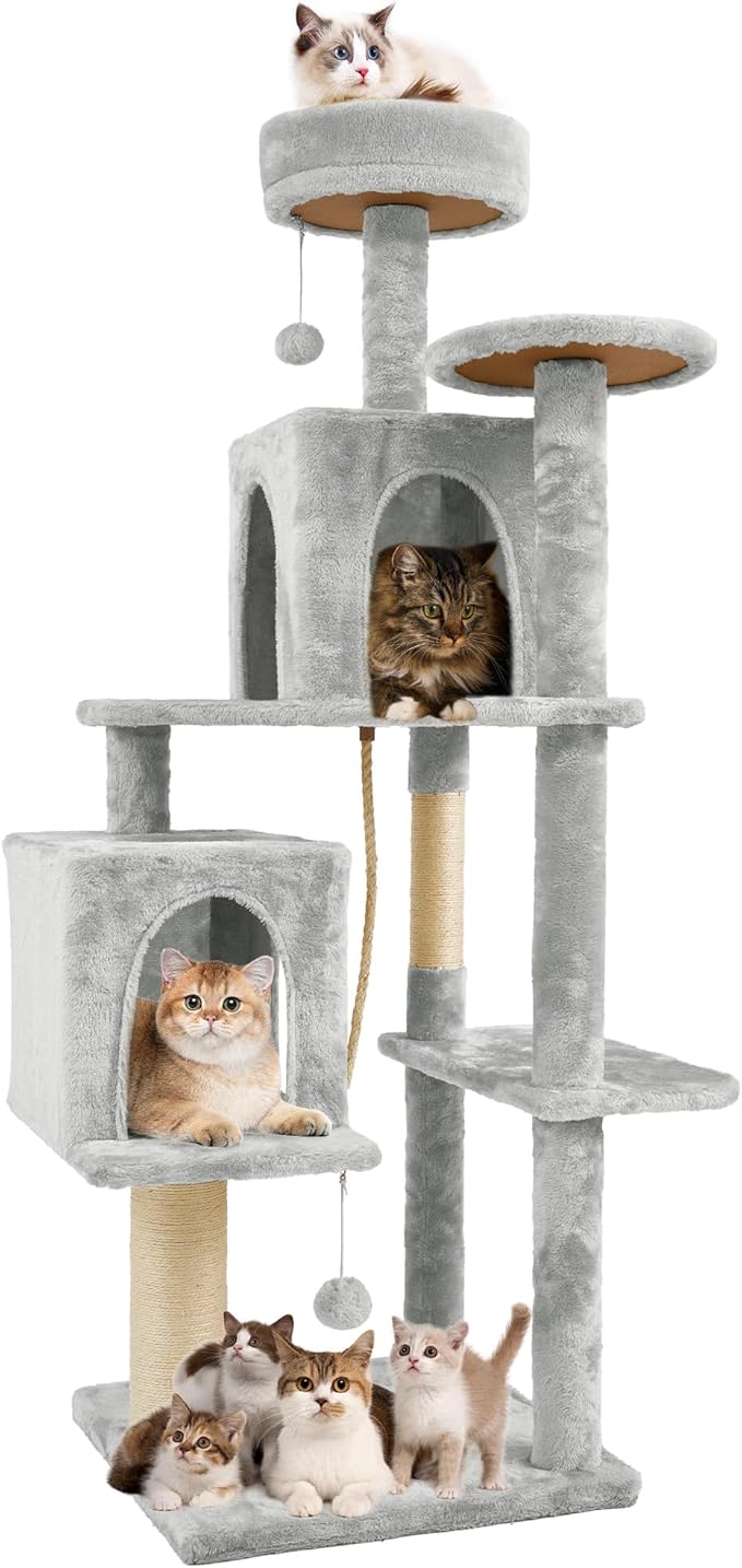 58.5inch Large Cat Tree Tower Condo for Indoor Cats, Soft Plush Multi-Level Climbing Tree Cat House, Scratching Post, More Entrance/Exit, Sisal Rope, Light Grey