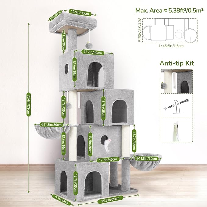 Globlazer Large Cat Tree Condos for Indoor Cats Large Adult, 70inch Tall Cat Tree Condo Tower with 4 Spacious Cat Condo Houses, 3 Sisal Scratching Posts, 2 Adjustable Hanging Baskets, F70C, Cloud Gray