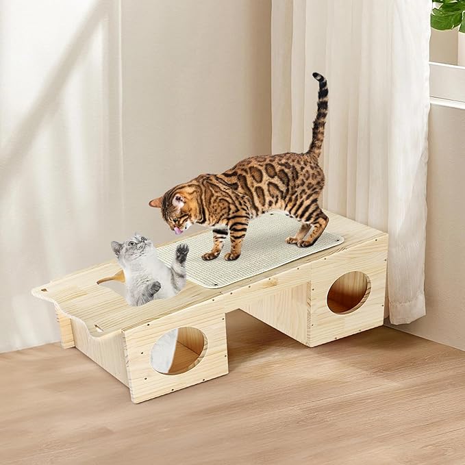 Cat Tower Scratcher, Cat House with Scratching Pad Horizontal Vertical Solid Wooden Cat Tree Furniture with Creative Cat House Condo for Indoor Cats Sunbathing, Relaxing and Sightseeing