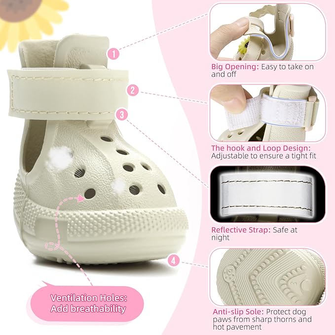Lukovee Dog Shoes for Hot Pavement - Breathable Non Slip Dog Sandals with Reflective Stripes, Easy ON & Off, Easy-Clean Summer Outdoor Pet Boots for Small Medium Large Dogs (White, Size 4)