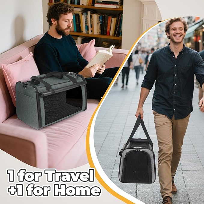 YUDODO 2 Packs 25 lbs Lightproof Soft Sided Pet Carrier for Large Cat & Small Dog Airline Approved Travel Puppy Carriers with Side Pockets & Reflective Mesh, Foldable Portable for Car Grey Green+Grey