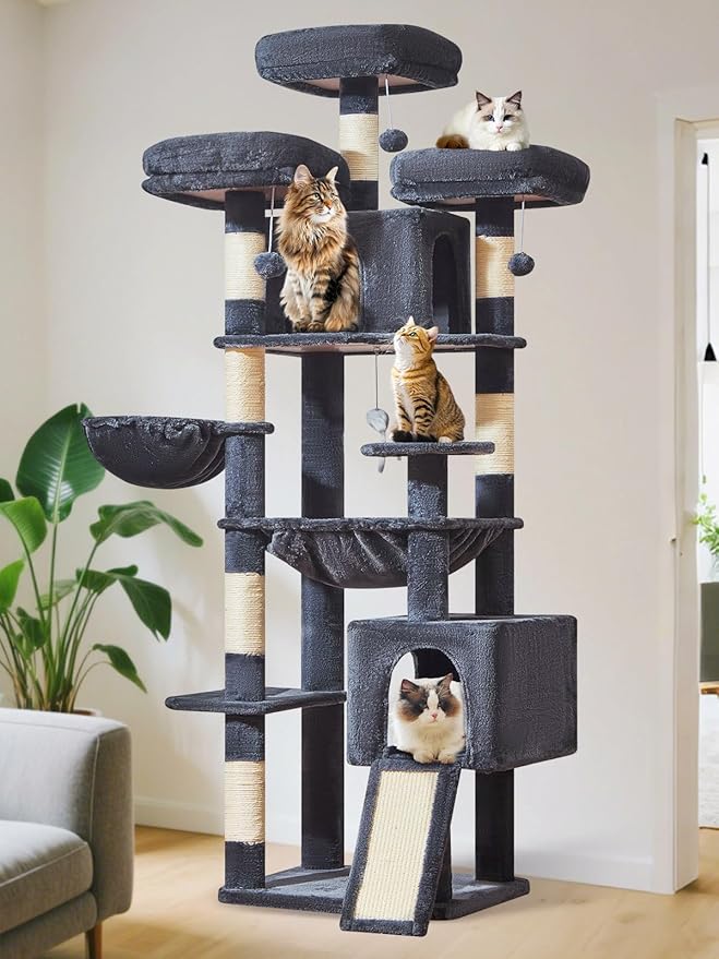 Taoqimiao 76-Inch Cat Tree with Scratching Posts,XXL Cat Tower for Large Cats with Cat Scratching Board,Extra-Large Metal Hammock,3 Perches, 2 Big Condos, Hanging Basket,MS047G,Smoke Gray