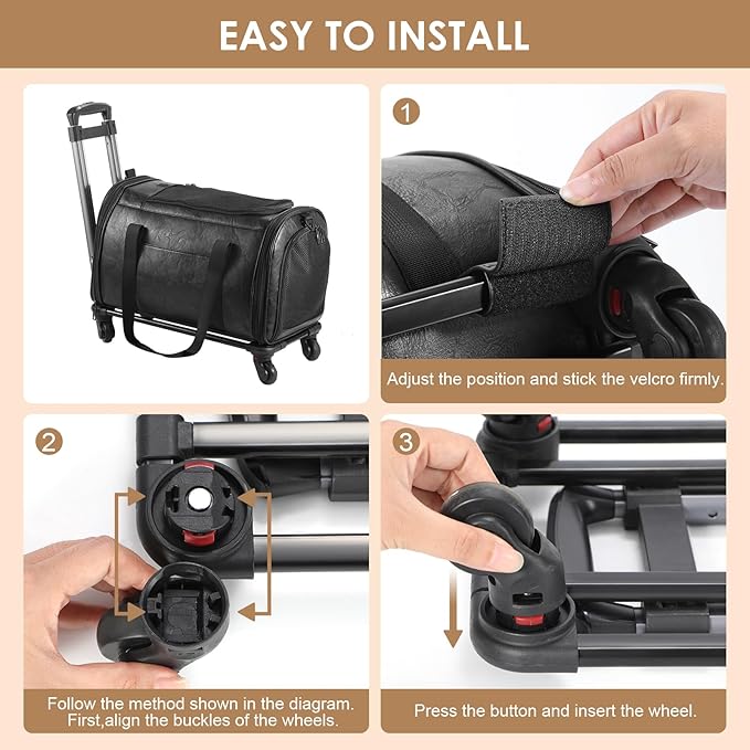 Leather Pet Carrier with Wheels, Airline Approved Travel Bag for Small Dogs & Cats Under 15 lbs, Rolling Pet Carrier for Airplane, Camping & Outdoor Black