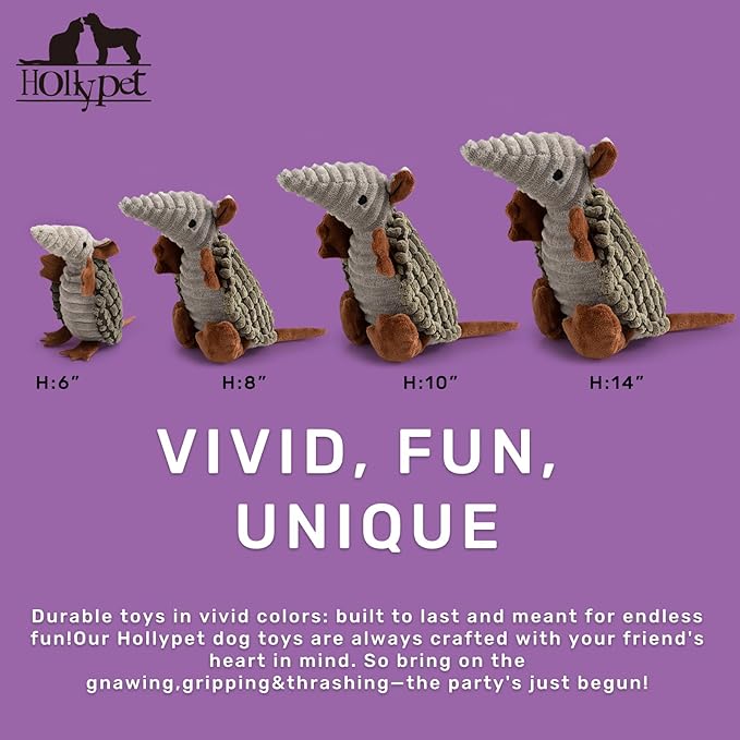 Hollypet Plush Dog Squeaky Toy Stuffed Armadillo Animal Pet Puppy Chew Toys with Clean Teeth for Small Medium Large All Breed Sizes Dogs, Olive Drab, 8 in