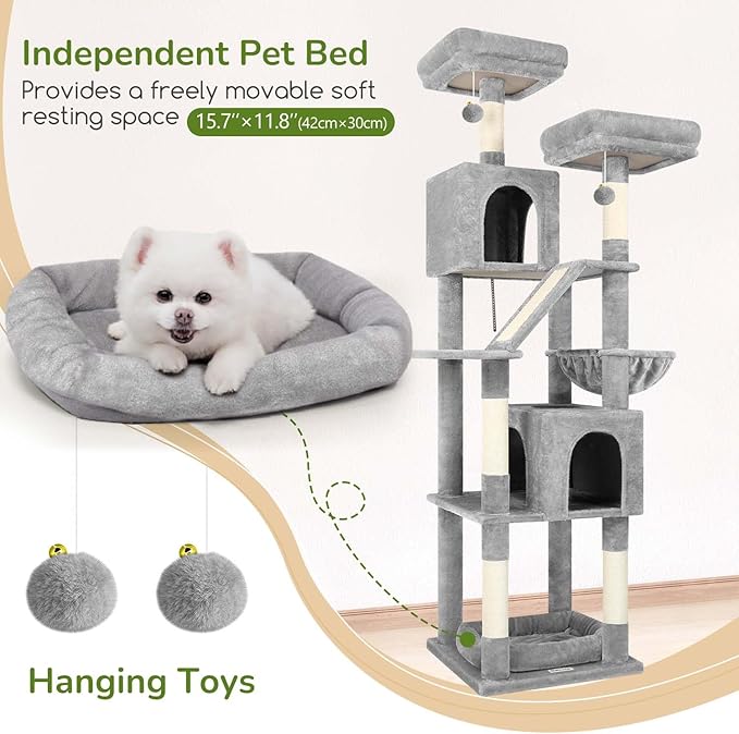 Globlazer Large Cat Tree Tower for Indoor Cats, 74in Tall Sturdy Cat Tree Condo for Large Cat with Scratching Posts and Board, Cat Condos for Adult Cats Kittens, Top Perches,Pet Bed, F74D, Light Grey