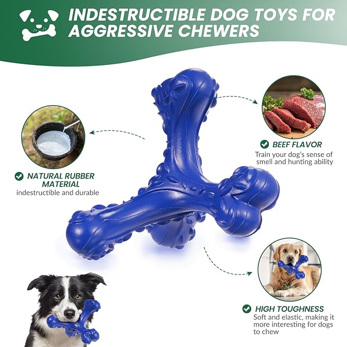 Dog Chew Toys for Aggressive Chewers Large Breed,Indestructible Bones Toy,Durable Cleaning Toothbrush Natural Rubber Dog Toys… (Deep Blue)