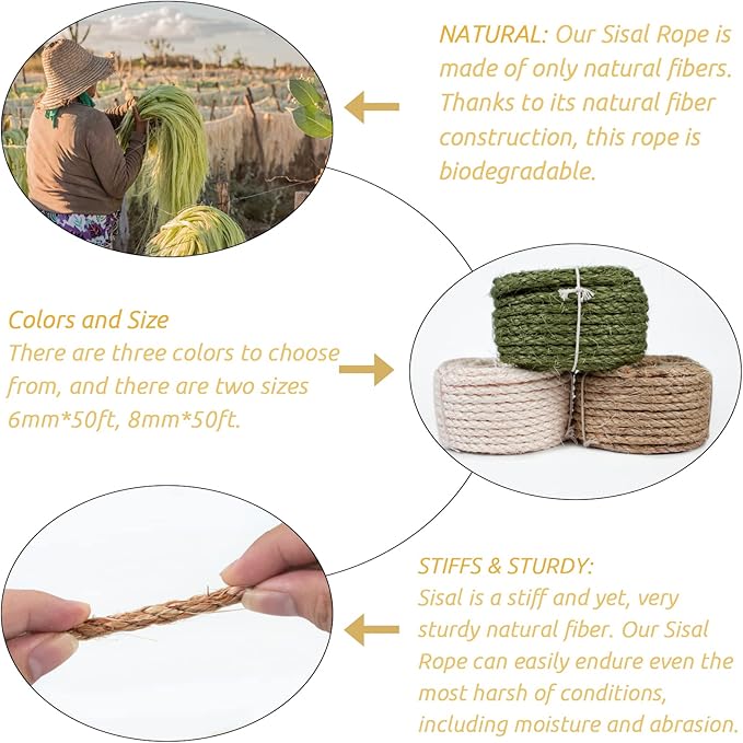 Sisal Rope for Cat Scratcher 1/4 Inch 50 Feet Cat Tree Rope Replacement Natural Hemp Rope, Thick Cat Scratching Post Rope for Indoor/Outdoor, Repairing, Recovering, DIY Scratcher (White)