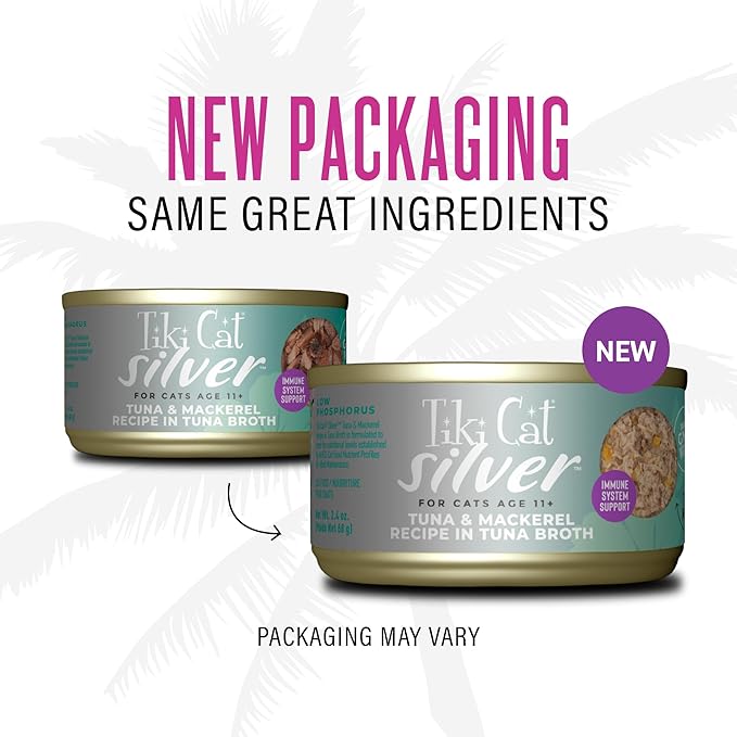 Tiki Cat Silver Comfort Mousse + Shreds, Tuna & Mackerel Recipe in Tuna Broth, Immune System Support Formulated for Older Cats Aged 11+, Senior Wet Cat Food, 2.4 Oz Cans (Pack of 12)