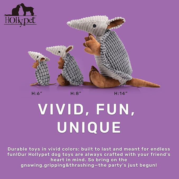 Hollypet Plush Dog Squeaky Toy Stuffed Armadillo Animal Pet Puppy Chew Toys with Clean Teeth for Small Medium Large All Breed Sizes Dogs, Dark Gray, 8 in