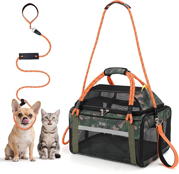 Lekereise Top Expandable Pet Carrier TSA Airline Approved Soft Sided Underseat Up to 15lbs Travel Carriers for Small Cats and Dogs with Convertable Dog Leash and Anti-Scratch Mesh
