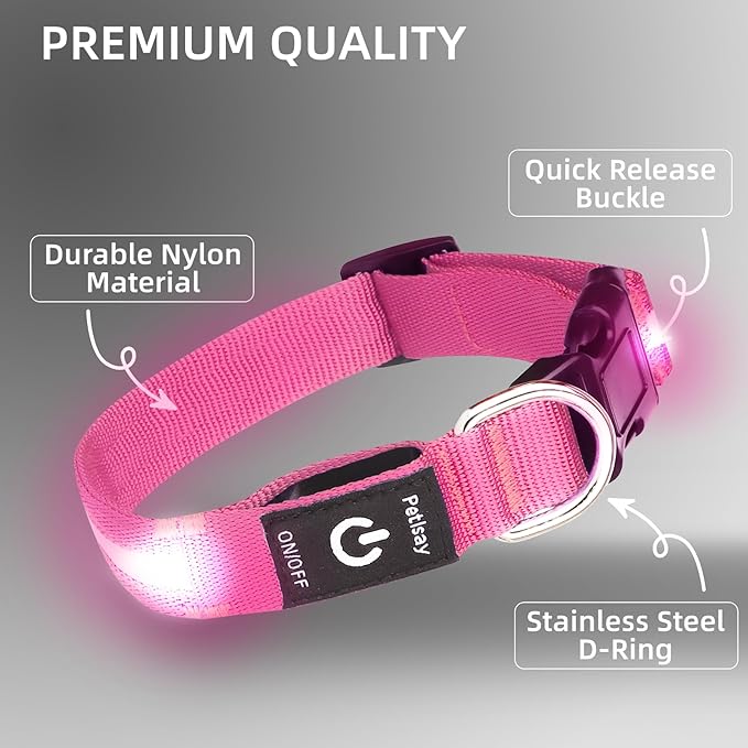 Super Bright LED Dog Collar - Fully Waterproof & Adjustable Glow Collar - USB-C Rechargeable for Night Walking, Safety - Flashing Lighted Collar for Dogs(Pink,L)