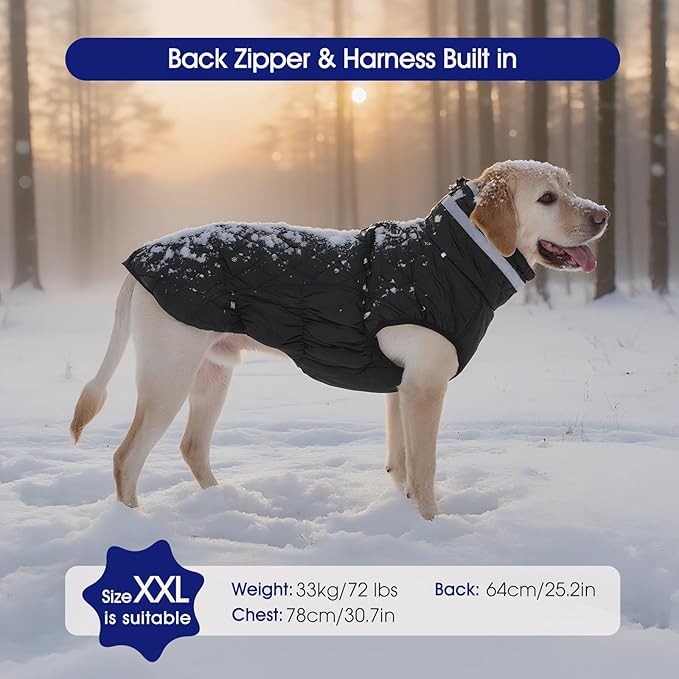 FUAMEY Dog Coat for Medium Dogs,Waterproof Dog Winter Jacket with Harness Built in Puppy Cold Weather Coats Reflective Pet Vest with Zipper Warm Fleece Dogs Snowsuit Windproof Solid Black M