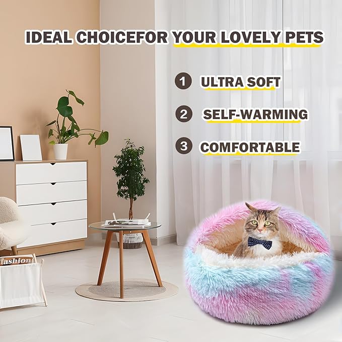 Cat Bed Calming Cat Beds,Indoor Washable Cat Bed,Anti-Slip Faux Fur Fluffy Cuddler Anxiety Cat Bed,Warming Cuddler Cushion Bed for Small Medium Dogs and Cats (Dazzling colors, 20*20inch)