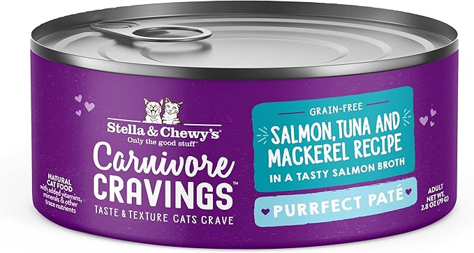 Stella & Chewy's Carnivore Cravings Purrfect Paté - Premium Grain-Free Wet Cat Food - Salmon, Tuna & Mackerel Recipe - High Protein with Bone Broth - Perfect for Picky Eaters - 2.8oz Cans (24 Pack)