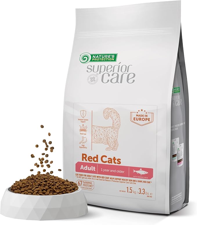 Nature's Protection Superior Care Red Cats Grain Free Dry Cat Food with Herring, Adult All Breeds Red Coated Cats, No Tear Stains, No Hairball 3.3 lb