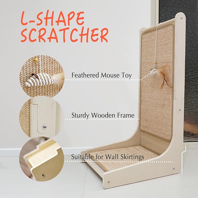 PETKARAY Cat Scratcher, Sisal Cat Scratch Pad, L Shape Scratching Board for Indoor Kitty, Floor Mounted Scratcher with Mouse Toy Catnip