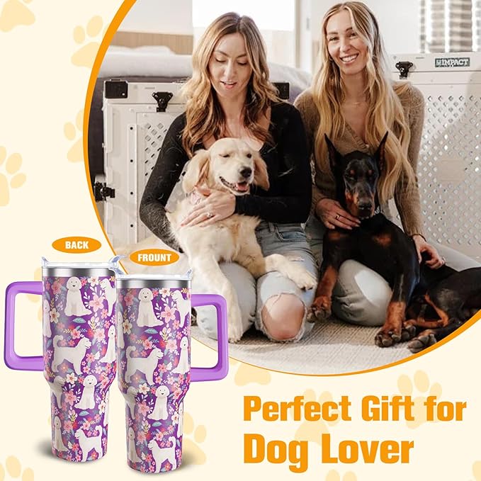Goldendoodle Gifts for Women Dog Lovers 40 oz Floral Golden Doodle Tumblers with Handle and Straw, Stainless Steel Vacuum Insulated Travel Coffee Mug Cup Water Bottle