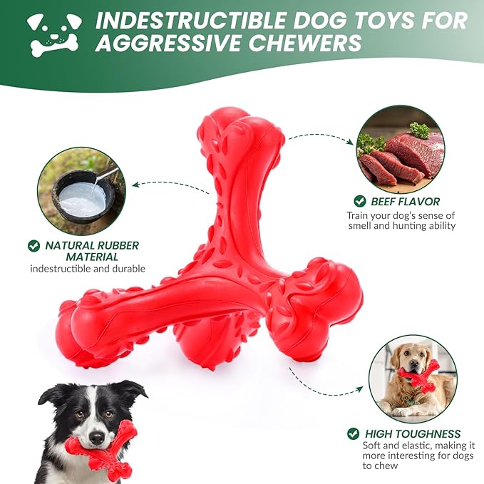 Dog Chew Toys for Aggressive Chewers Large Breed,Indestructible Bones Toy,Durable Cleaning Toothbrush Natural Rubber Dog Toys… (Red)