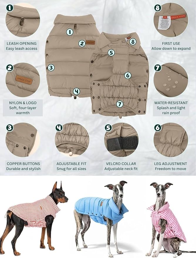 SPACE LION Puffer Jacket, Down Winter Coat, Waterproof, Windproof, Lightweight Jacket, Adjustable Fit for Medium, Large Dogs(Khaki,XL)