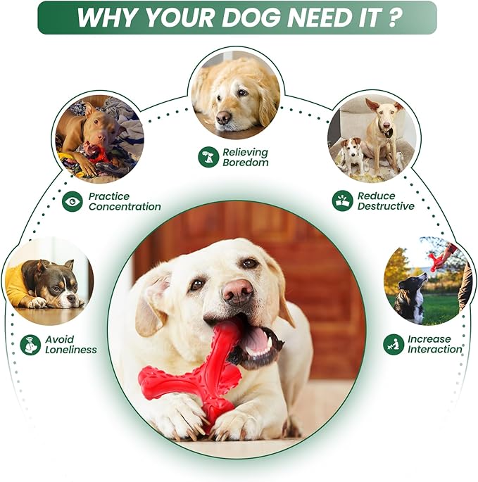 Dog Chew Toys for Aggressive Chewers Large Breed,Indestructible Bones Toy,Durable Cleaning Toothbrush Natural Rubber Dog Toys… (Red)