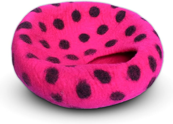 Woolygon Premium Felt Cat Cave Bed - Polka Dot Series - Wool Kitty Beds Handcrafted Kitten Caves Bed for Indoor Cats - Eco-Friendly Merino Wool, Foldable Cat Hideaway Cat Houses (Pink/Black Dots)