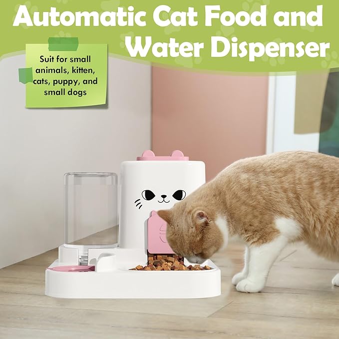 1.6L Auto Gravity Pet Feeder and 0.6L Water Dispenser Set, Automatic Cat Food and Water Dispenser, Gravity Pet Feeder for Small Medium Dog Puppy Cat Kitten (Pink)